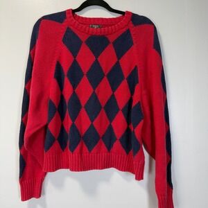 Vintage 80s Academius Red Navy Argyle Ramie Cotton Knit Sweater Womens Small